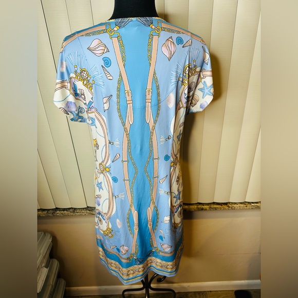 Hale Bob Blue Gold Chain Print Dress Size Medium - Picture 5 of 7